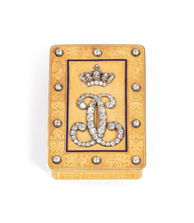 View full screen - View 1 of Lot 187. A jewelled gold and enamel Royal presentation snuff box, Gabriel-Raoul Morel, Paris, circa 1824 | Tabatière royale de présentation en or, émail, sertie de diamants par Gabriel-Raoul Morel, Paris, vers 1824.
