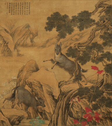 View full screen - View 1 of Lot 9501. The Blue Goats by Lang Shining (Giuseppe Castiglione, 1688-1766) and Jin Tingbiao (d. 1767), Qing dynasty, Qianlong period, recorded to have been commissioned and completed between 1759-1760 | 清乾隆二十四至二十五年(1759-1760年) 郎世寧、金廷標合繪《青羊圖》 設色絹本 立軸 .