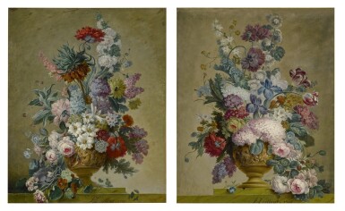 View full screen - View 1 of Lot 245. DUTCH SCHOOL, 19TH CENTURY | A PAIR OF ELABORATE STILL-LIFES OF FLOWERS IN A VASE SET ON A MARBLE LEDGE.