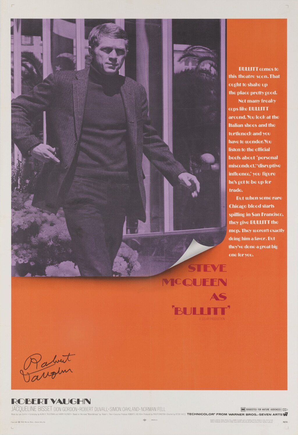 View full screen - View 1 of Lot 57. BULLITT (1968) ADVANCE POSTER, US, SIGNED BY ROBERT VAUGHN.