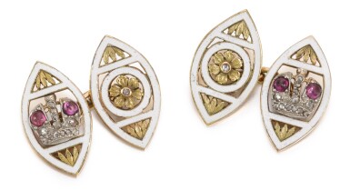 View full screen - View 1 of Lot 23. A pair of Fabergé jewelled gold and champlevé enamel cufflinks, workmaster Feodor Afanasiev, St Petersburg, circa 1890.