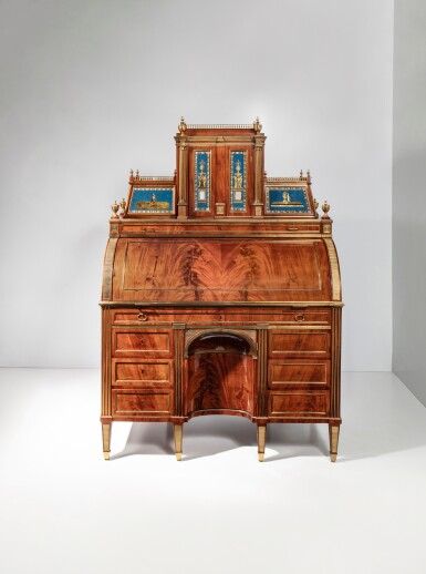 View full screen - View 1 of Lot 29. A Russian neoclassical gilt-brass mounted mahogany, mahogany veneered and verre eglomisé bureau à cylindre, attributed to Heinrich Gambs, Saint-Petersburg, circa 1790.