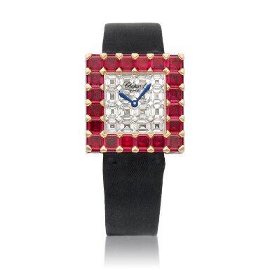 View full screen - View 1 of Lot 8615. Ice Cube | A pink gold, diamond and ruby-set wristwatch, Circa 2000| 蕭邦 | Ice Cube | 粉紅金鑲鑽石及紅寶石腕錶,約2000年製.