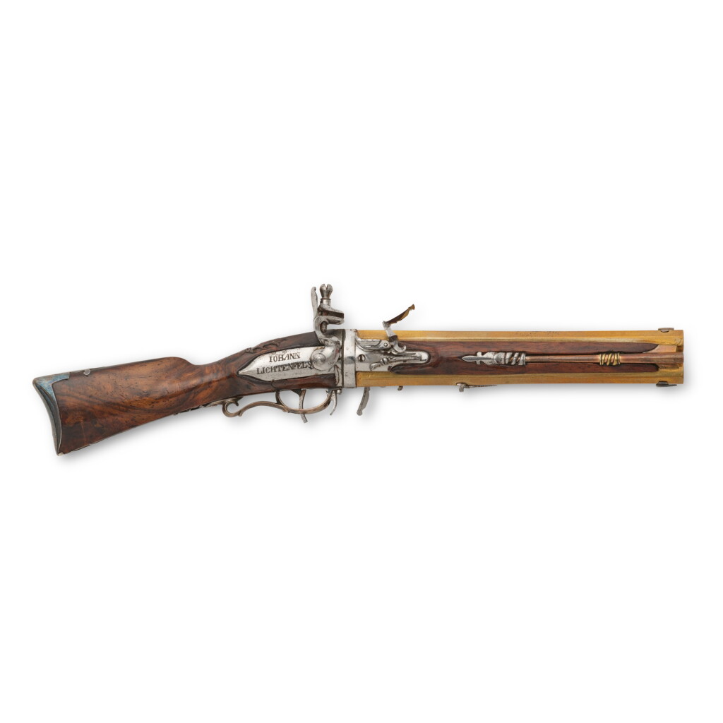 View full screen - View 1 of Lot 113. A German miniature flintlock over-and-under 'Wender' carbine by Johann Lichtenfels, Karlsruhe, circa 1740 | Miniaturkarabiner mit Steinschloss ('Wender') von Johann Lichtenfels, Deutschland, Karlsruhe, circa 1740.