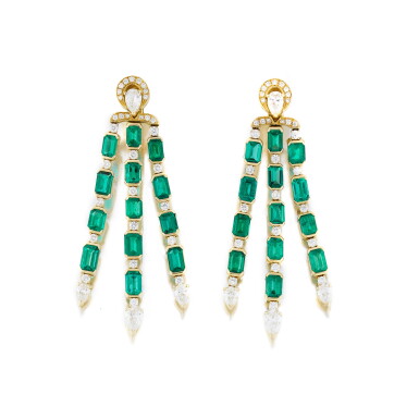 View full screen - View 1 of Lot 681. Pair of emerald and diamond ear clips.