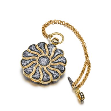 View full screen - View 1 of Lot 1363. A gold and enamel scallop-shaped cylinder watch with early keyless winding made for the Ottoman market Circa 1840, no. 13328.