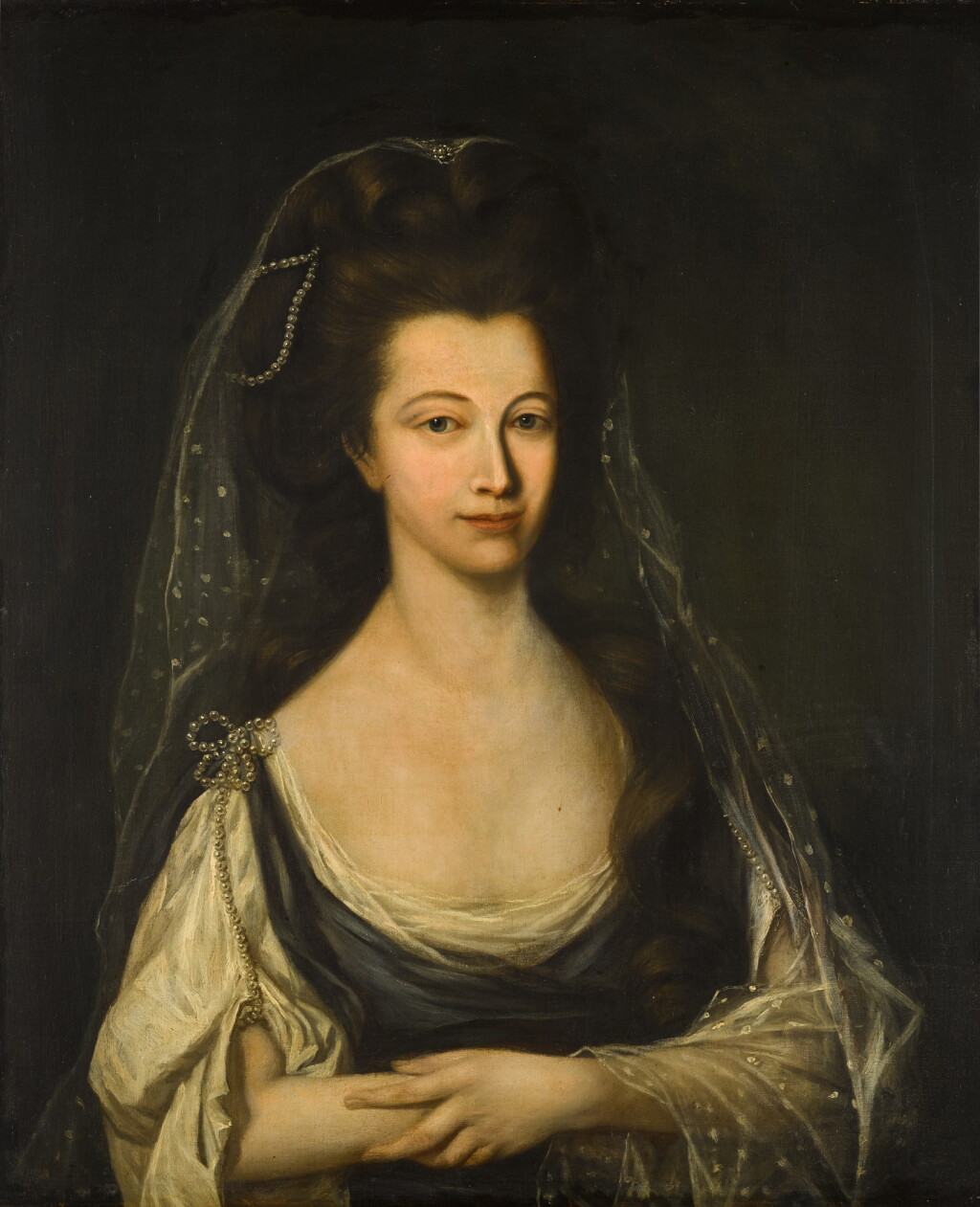 View full screen - View 1 of Lot 50. Portrait of a lady, half-length, wearing a blue dress and white blouse with a lace veil.