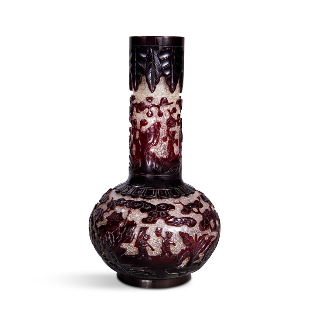 View full screen - View 1 of Lot 347. A rare ruby-red overlay snowstorm-ground glass bottle vase, Seal mark and period of Qianlong | 清乾隆 雪花地套寶石紅料山水人物圖長頸瓶 《乾隆年製》款.