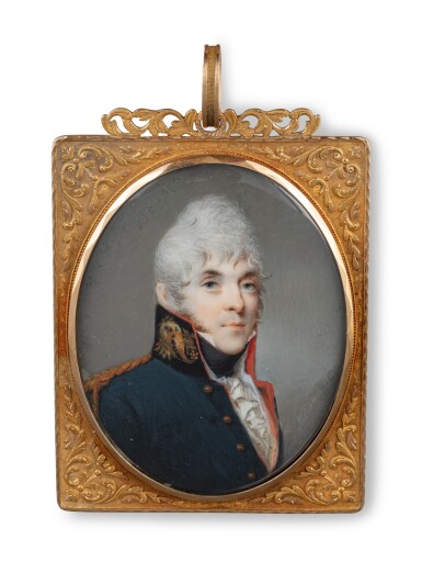 View full screen - View 1 of Lot 77. An oval miniature on ivory representing an officer in a rectangular gold frame, Alexandre Molinari, circa 1820 | Miniature ovale sur ivoire représentant un officier dans un cadre rectangulaire en or par Alexandre Molinari, vers 1820.