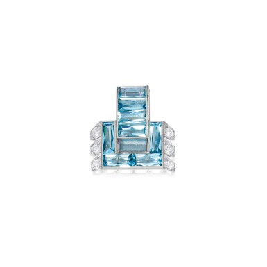 View full screen - View 1 of Lot 449. AQUAMARINE AND DIAMOND CLIP, CARTIER | 海水藍寶配鑽石耳環,卡地亞.