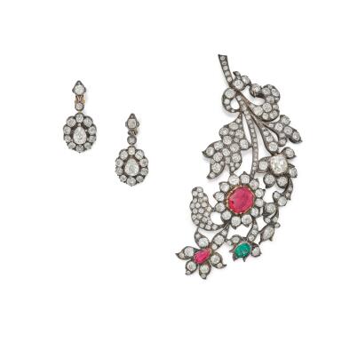 View full screen - View 1 of Lot 89. Silver-Topped Gold, Garnet, Emerald and Diamond Brooch and Pair of Diamond Earclips.