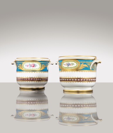 View full screen - View 1 of Lot 180. TWO SÈVRES SOFT-PASTE PORCELAIN GLASS COOLERS, DATED 1785, FROM THE SERVICE OF THE ARCHDUKE FERDINAND OF AUSTRIA | DEUX SEAUX À VERRE EN PORCELAINE TENDRE DE SÈVRES, DATÉS 1785, PROVENANT DU SERVICE DE L'ARCHIDUC FERDINAND D’AUTRICHE.