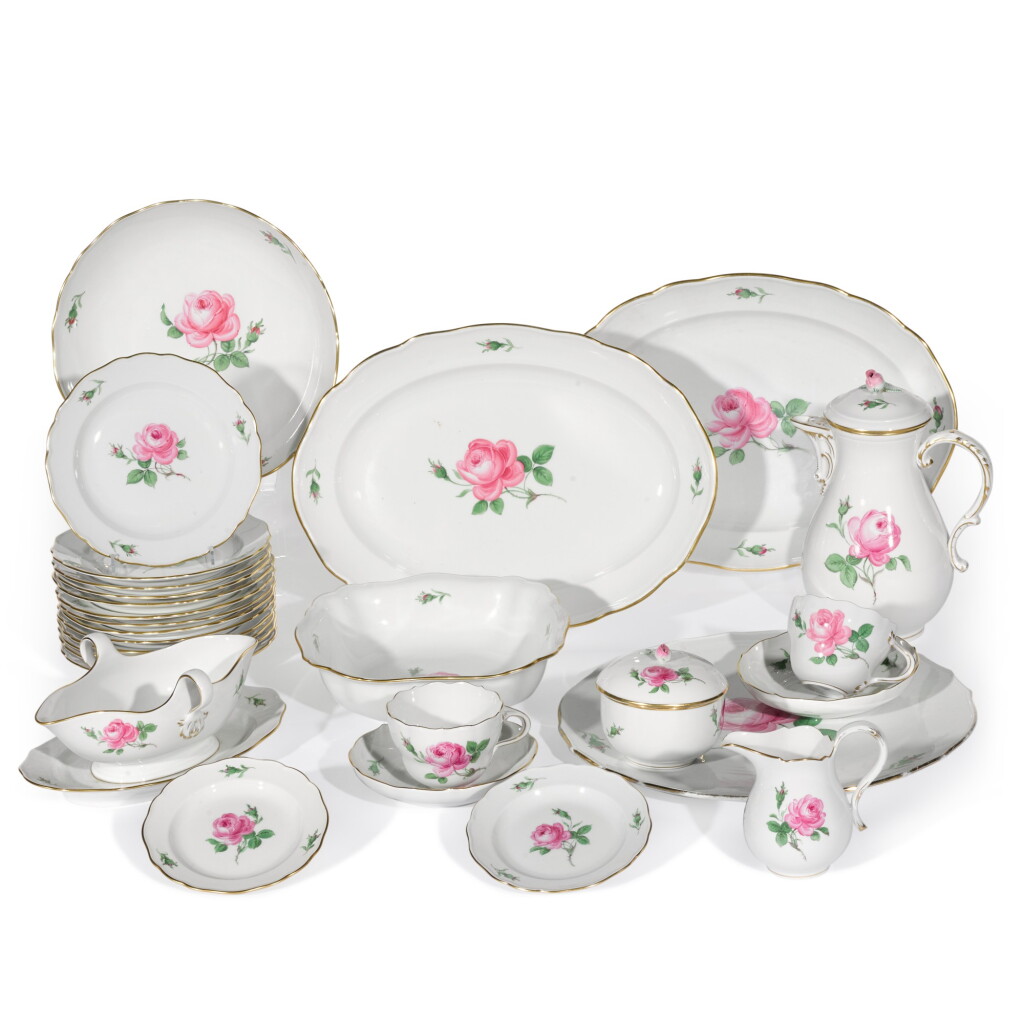 View full screen - View 1 of Lot 78. A Meissen pink rose pattern part dinner service, 20th century.