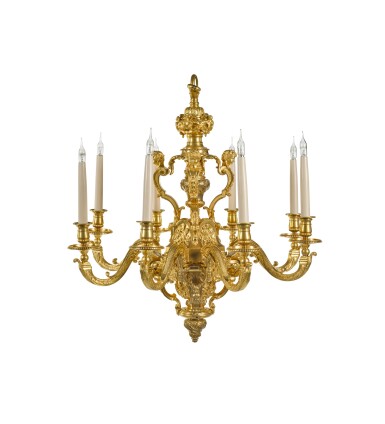 View full screen - View 1 of Lot 30. A LOUIS XIV STYLE GILT-BRONZE EIGHT-LIGHT CHANDELIER, IN THE MANNER OF ANDRÉ-CHARLES BOULLE LATE 19TH CENTURY.