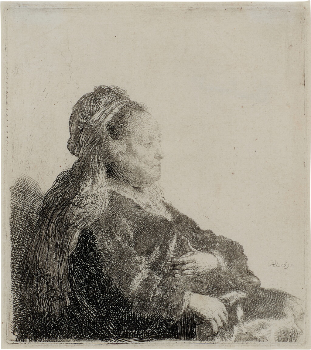 View full screen - View 1 of Lot 566. The Artist's Mother Seated, In Oriental Headdress (B., Holl. 348; New Holl. 86).