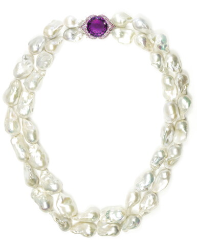 View full screen - View 1 of Lot 4. Cultured pearl, amethyst and coloured sapphire necklace.