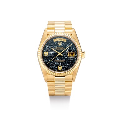 View full screen - View 1 of Lot 2132. ROLEX | DAY-DATE, REFERENCE 18238, A YELLOW GOLD AND DIAMOND-SET WRISTWATCH WITH DAY, DATE, BRACELET AND AMMONITE HARDSTONE DIAL, CIRCA 2001 | 勞力士 | "Day-Date 型號18238 黃金鑲鑽石鏈帶腕錶,備日期、星期顯示及菊石錶盤,錶殼編號X257145,約2001年製".