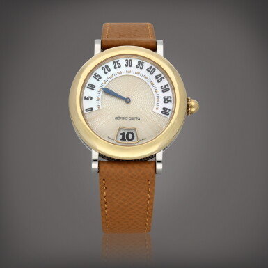 View full screen - View 1 of Lot 596. Retro, Reference G.3614 | Stainless steel and yellow gold retrograde jumping hours wristwatch with date | Circa 2000.