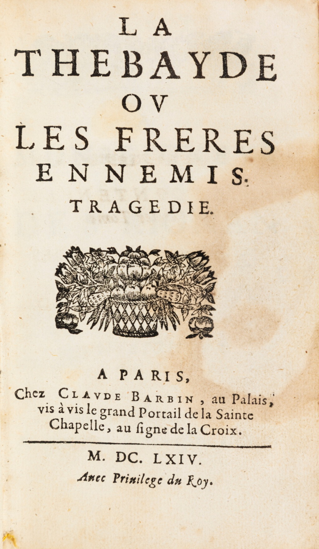 View full screen - View 1 of Lot 52. Œuvres. Paris, Barbin, 1673. In-12. Basane de l'époque. Tome I seul. Très rare recueil de quatre pièces comportant les éditions originales de "La Thebayde", d'"Andromaque" et des "Plaideurs"..