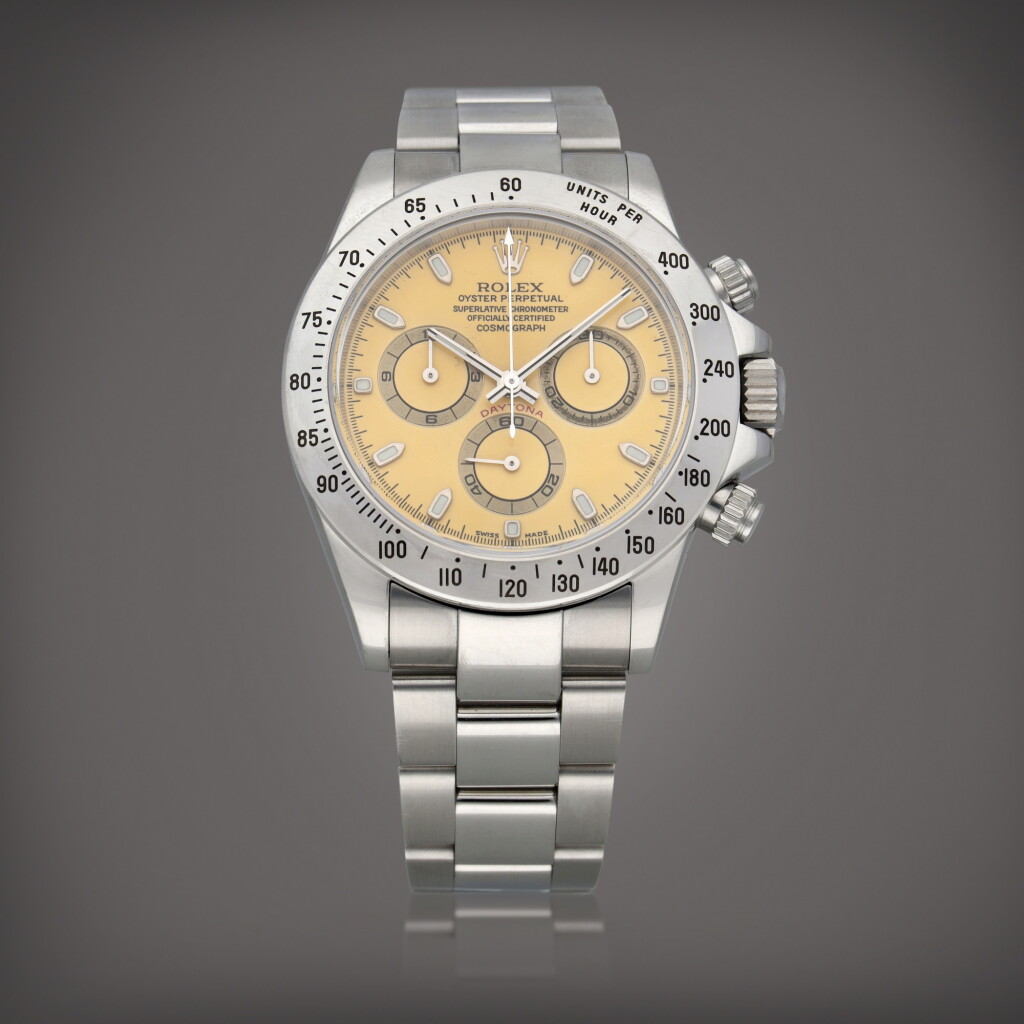 View full screen - View 1 of Lot 127. Daytona 'Citrus', Reference 116520 A stainless steel chronograph wristwatch with bracelet Circa 2000 | 勞力士 | Daytona 'Citrus' 型號 116520 精鋼計時鍊帶腕錶,製作年份約 2000.