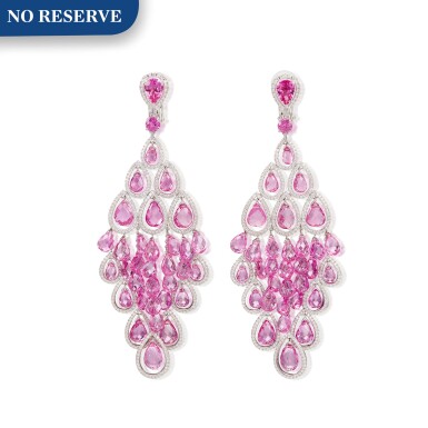 View full screen - View 1 of Lot 1039. Pair of Pink Sapphire and Diamond Earrings | 格拉夫| 粉紅剛玉 配 鑽石 耳墜一對 (粉紅剛玉及鑽石共重約56.80及3.10克拉).