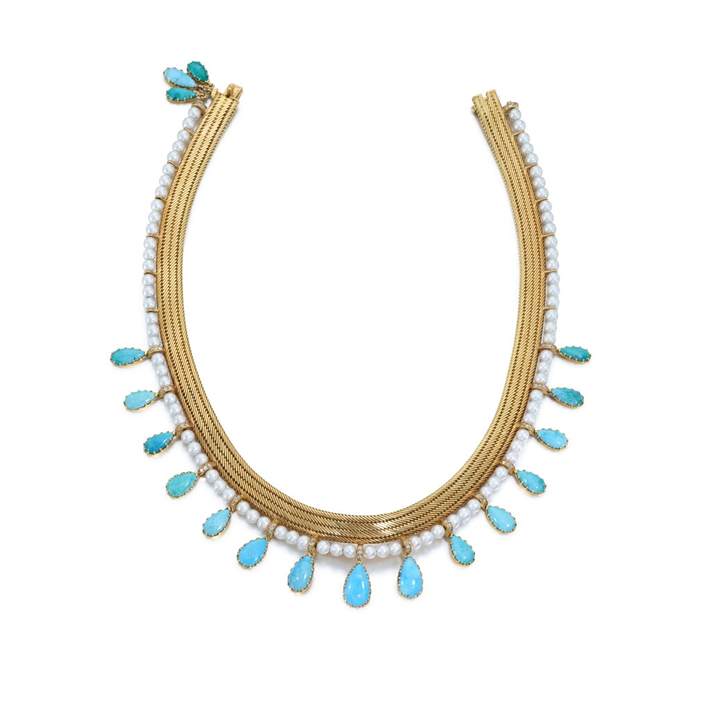 View full screen - View 1 of Lot 748. Gold, turquoise and cultured pearl necklace, circa 1950.