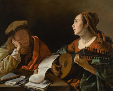 View full screen - View 1 of Lot 149. GOVERT FLINCK | A young lady playing the lute to a young man reading, or An allegory of sight and hearing.