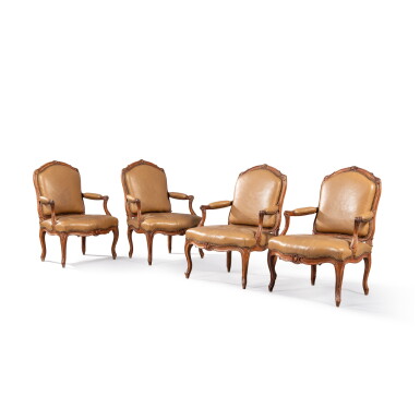 View full screen - View 1 of Lot 31. A set of four Louis XV wood armchairs, circa 1750, stamped by Jean-Baptiste Tilliard | Suite de quatre fauteuils en bois d'époque Louis XV, vers 1750, estampille de Jean-Baptiste Tilliard.