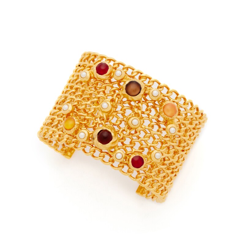 Chanel Gold Metal, Imitation Pearl, Gripoix CC Chain Cuff Size M