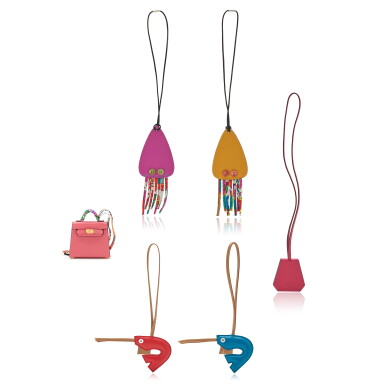 View full screen - View 1 of Lot 145. Set of Six Rose Lipstick Tadelakt Micro Mini Kelly Twilly Bag Charm, Two Squid Charms, Two Shrimp Charms and Capucine Hat Clip.