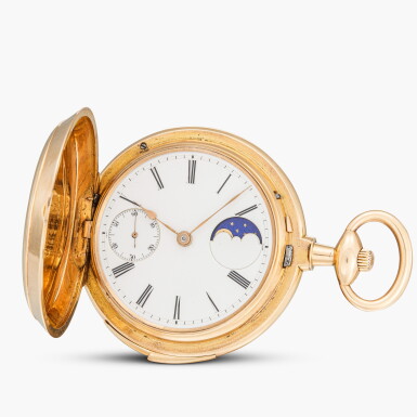 View full screen - View 1 of Lot 335. A pink gold hunting cased double dialled keyless lever minute repeating and perpetual calendar watch with remontoir perpétuel à décrochement | Circa 1885.