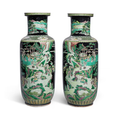 View full screen - View 1 of Lot 1374. A pair of massive famille-noire 'immortals' rouleau vases, 19th / 20th century | 十九 / 二十世紀 墨地素三彩群仙祝壽圖大棒槌瓶一對.