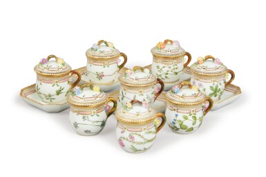 View full screen - View 1 of Lot 379. EIGHT ROYAL COPENHAGEN 'FLORA DANICA' POT-DE-CREME CUPS AND COVERS AND FIVE STANDS, MODERN.
