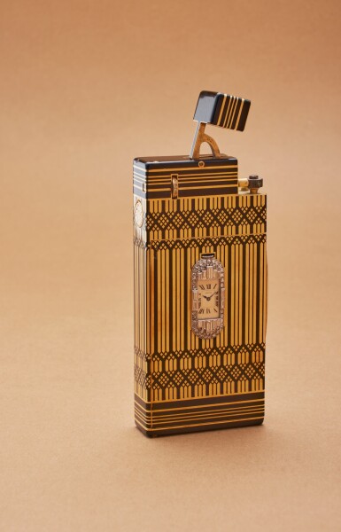 View full screen - View 1 of Lot 52. A yellow gold, enamel, platinum and diamond-set cigarette case with lighter and watch, 1929.