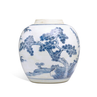 View full screen - View 1 of Lot 686. A blue and white 'Three Friends of Winter' jar, Qing dynasty, Kangxi period | 清康熙 青花歲寒三友圖罐.