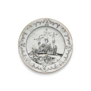 View full screen - View 1 of Lot 249. A grisaille 'Crucifixion' plate, Qing dynasty, 18th century.