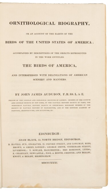 View full screen - View 1 of Lot 5. Audubon, John James | First edition of the separately-issued text for The Birds of America.
