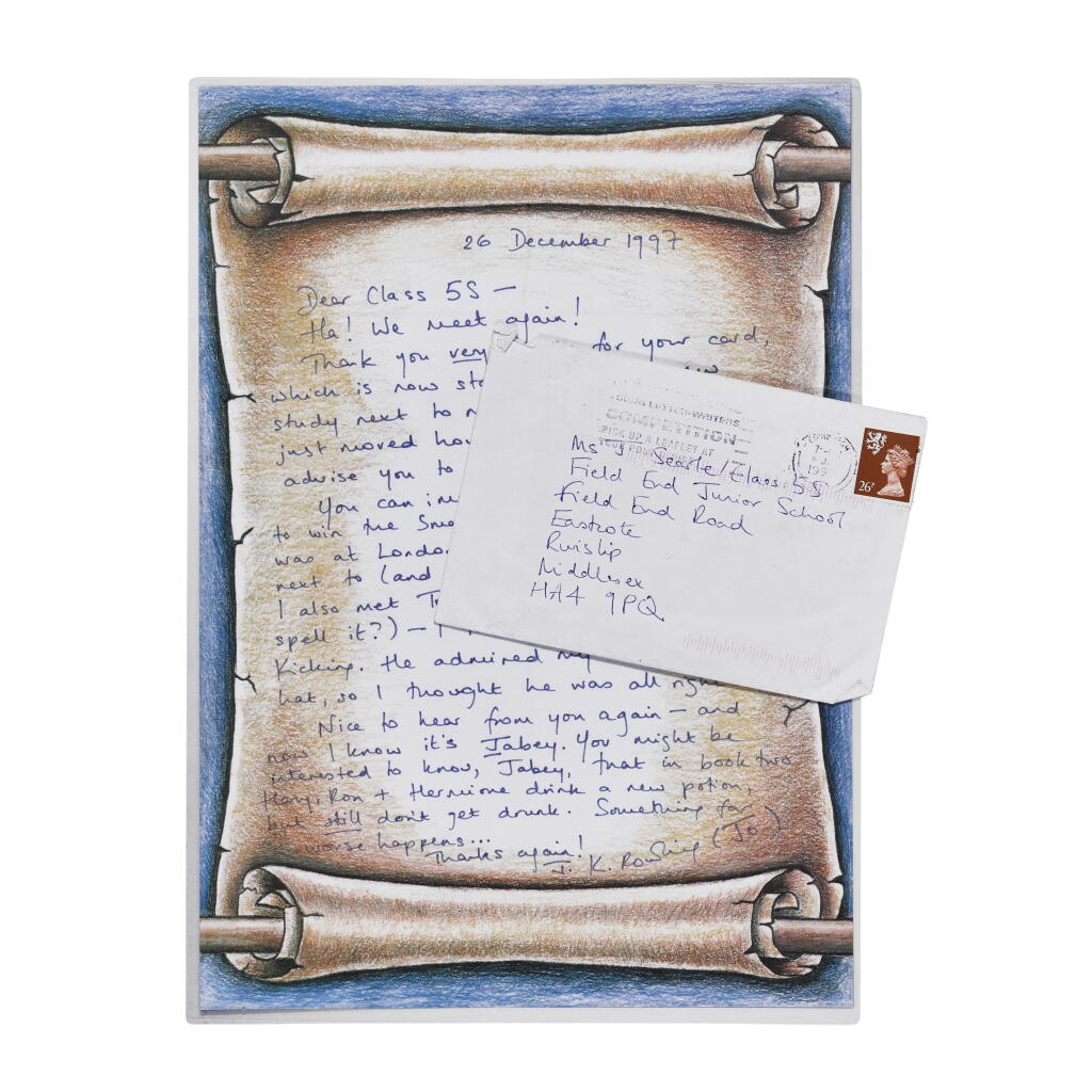 View full screen - View 1 of Lot 57. J.K. Rowling | 1 page autograph letter signed, with 4pp. typed letter signed, plus associated ephemera, 1997.