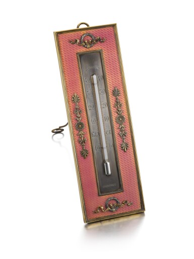 View full screen - View 1 of Lot 438. A Fabergé silver-gilt mounted guilloché enamel thermometer, workmaster Viktor Aarne, St Petersburg, 1899-1904 .