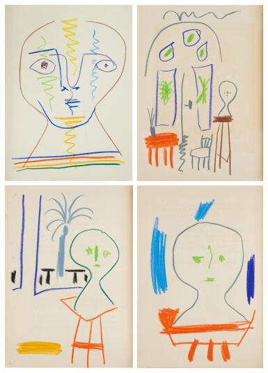 View full screen - View 1 of Lot 26. Dans l'Atelier de Picasso. 1957. Unique copy, abundantly illuminated by Picasso for his friend Lucie Weill. 4 original full-page drawings, 2 plates heightened, 21 pages illustrated in the margins..