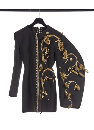 View full screen - View 1 of Lot 8. Schiaparelli Black Tailored Short Dress with Gold Embellished Leaves and Embroideries .