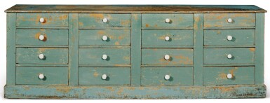 View full screen - View 1 of Lot 1474. BLUE-PAINTED PINE STORE COUNTER FITTED WITH SIXTEEN DRAWERS, PROBABLY VERMONT, CIRCA 1880.