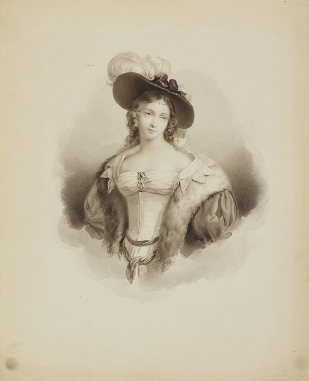 View full screen - View 1 of Lot 534. MAURO GANDOLFI | Portrait of a young woman in elegant attire with a fur lined coat and a feather in her hat.