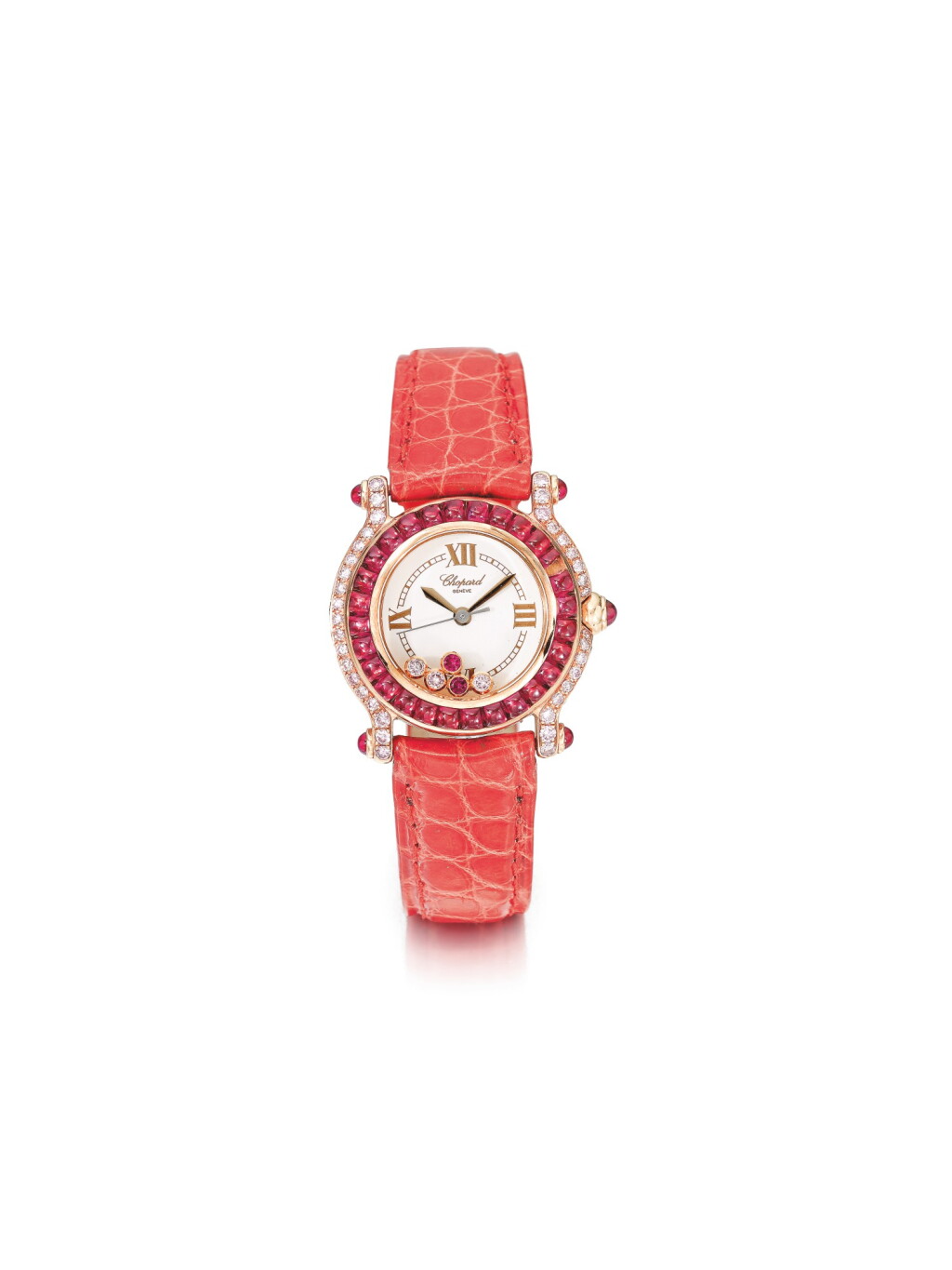 View full screen - View 1 of Lot 49. CHOPARD | HAPPY SPORT, A LADY'S PINK GOLD PINK DIAMOND AND RUBY SET WRISTWATCH CIRCA 2005.