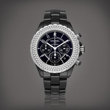 View full screen - View 1 of Lot 8798. J12 | A black ceramic, stainless steel and diamond-set chronograph wristwatch with date and bracelet, Circa 2010 | 香奈兒 | J12 | 黑色陶瓷及精鋼鑲鑽石鏈帶計時腕錶,備日期顯示,約2010年製.