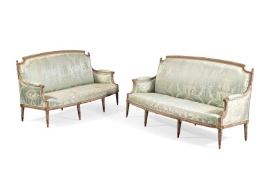 View full screen - View 1 of Lot 33. A pair of Louis XVI cream lacquered wood, by Adrien Dupain | Paire de canapés en bois laqué crème et rechampi or d'époque Louis XVI, par Adrien Dupain.