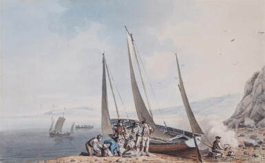 View full screen - View 1 of Lot 192. A beached boat at Dover, a Picnic in preparation.
