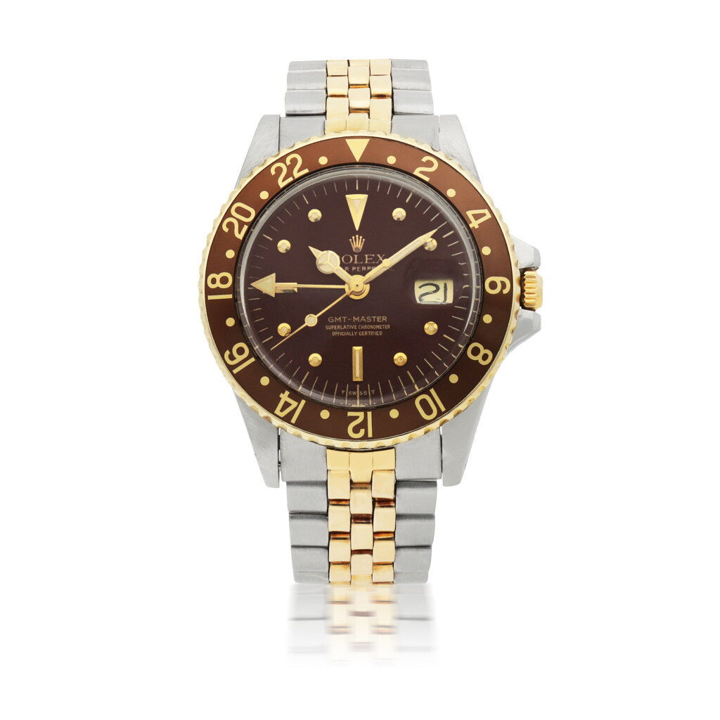 View full screen - View 1 of Lot 407. ROLEX | GMT-MASTER, REF 1675, STAINLESS STEEL AND YELLOW GOLD DUAL TIME WRISTWATCH WITH DATE AND BRACELET CIRCA 1968.