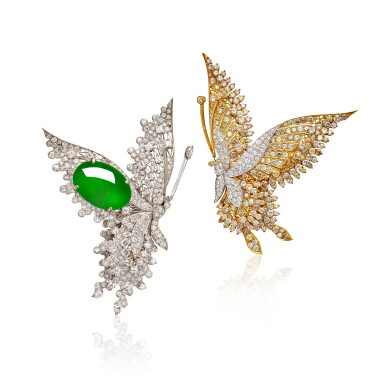 View full screen - View 1 of Lot 1840. Jadeite and Diamond Brooch; and Coloured Diamond and Diamond Brooch | 天然翡翠 配 鑽石 胸針;及 彩色鑽石 配 鑽石 胸針.