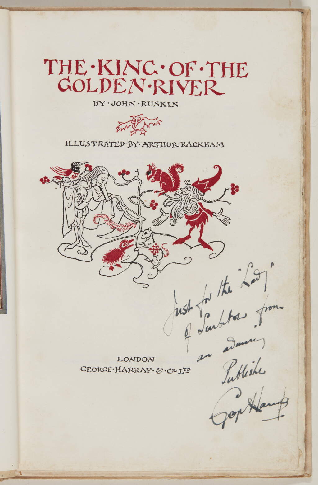 View full screen - View 1 of Lot 256. Rackham--Ruskin, The King of the Golden River, 1932, one of 570 copies with an original drawing by Rackham.